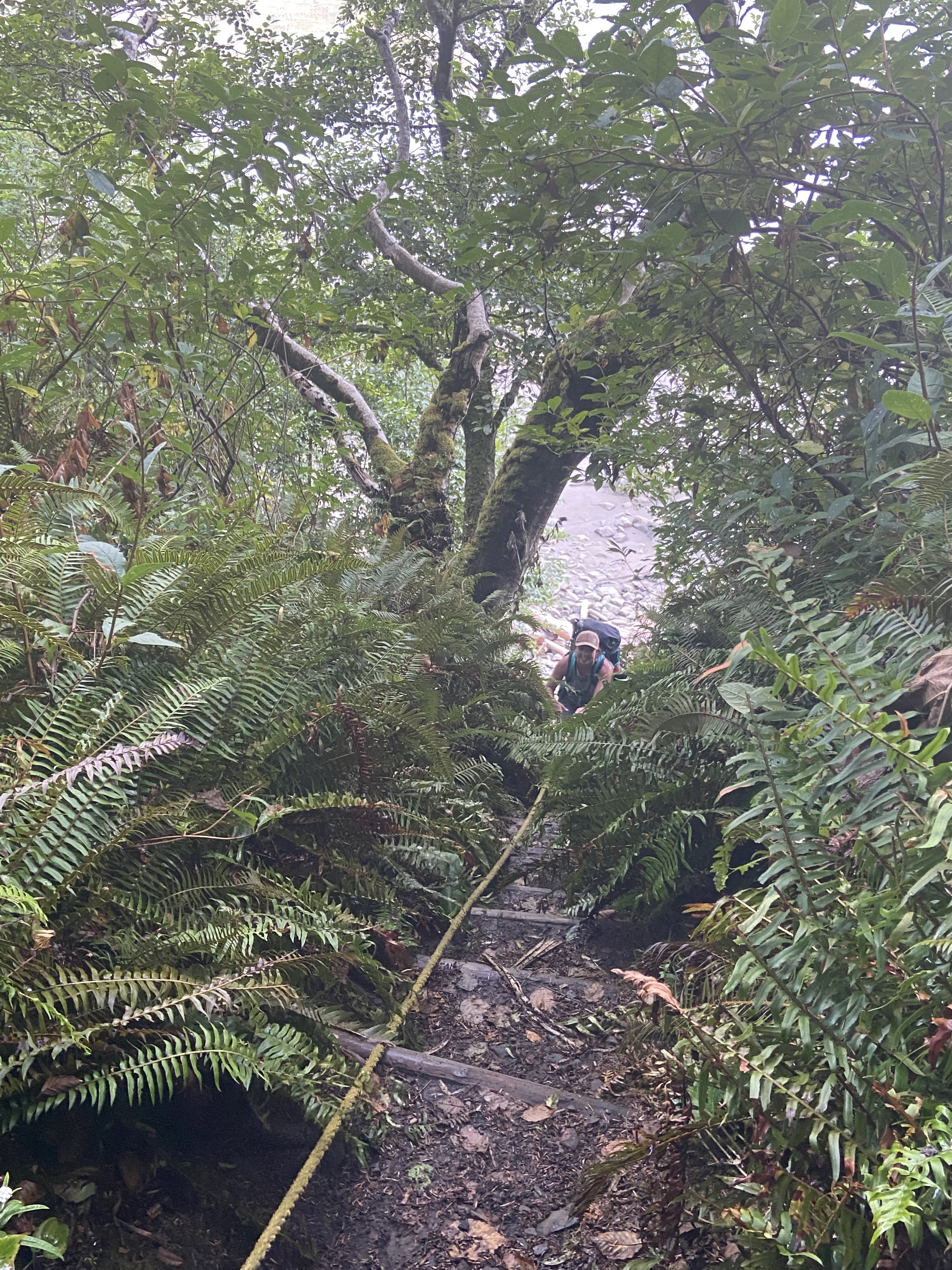 A woman ascending a steep slope using a rope as a guide.
